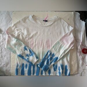 Splendid cotton long sleeve tie dye White Tee with Pink and blue